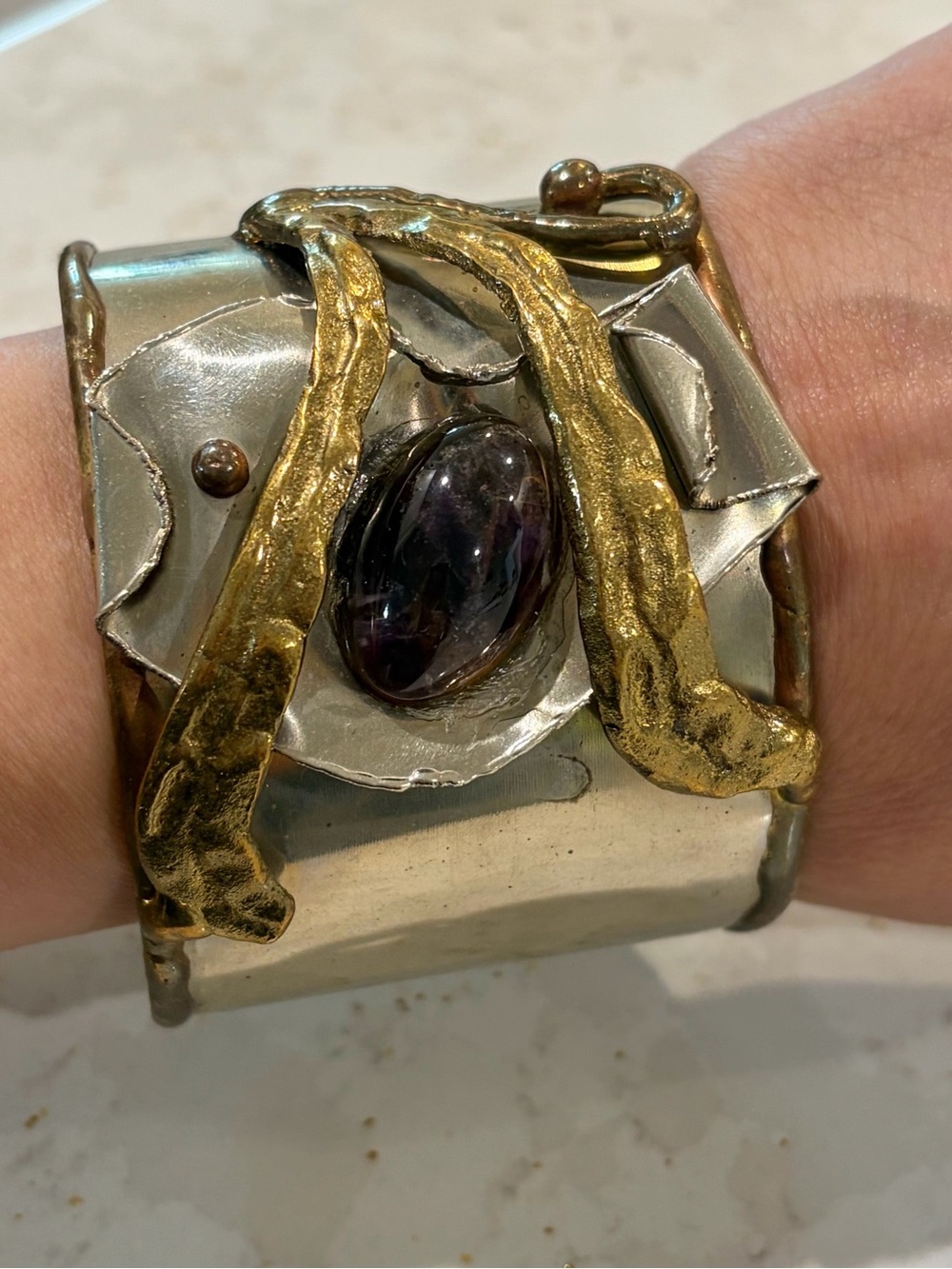 Vintage 1970s Brazilian Brutalist Mixed Metal Amethyst Cuff Bracelet Wide Statem